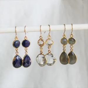 Zooying 14kt Gold Blue Lapis Gray Labradorite Clear Quartz Gem Teardrop Dangle Gold Gemstone Drop Earrings for Women