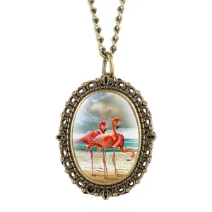 Vintage Jewelry Accessories Mini Oval Clock Flamingos Necklace Chain Pocket Watch for Women Girlfriend Gift
