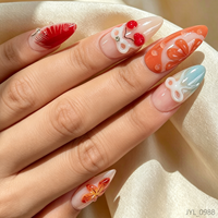 Vente en gros de faux ongles en acrylique réutilisables avec étiquette privée personnalisée, relief 3D, 24 pièces, motifs floraux et fruités variés