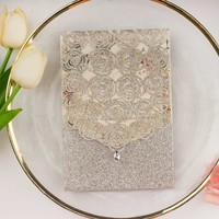 Carte d'invitation de mariage en or rose argenté découpé au laser avec paillettes de diamant poche de voeux Sweet 16 Quinceanera Bridal Show Birthday