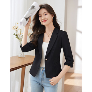Women's Apricot Colored Summer Thin Blazer 3/4 Sleeve Solid Color Breathable Polyester Women's Blazers - Product Image 2