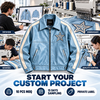 Blouson en cuir streetwear personnalisé pour homme, design patchwork, écologique, coupe-vent, respirant, bleu avec rayures sur les manches et patch étoile