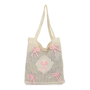 Bolso de mano de punto de gran capacidad para mujer, estilo de vacaciones en la playa con elemento de lazo, bolso de hombro portátil de poliéster a la moda - Product Image 5