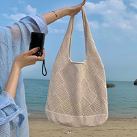 Bolso tote de hombro único de poliéster tejido de malla hueca para mujer, estilo playero, para todas las estaciones, nueva llegada