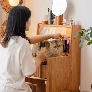 Tocador Barbizon de madera de cerezo con gabinete de almacenamiento y taburete, tocador de maquillaje para dormitorio - Product Image 4