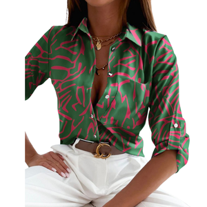 2024 <span class=keywords><strong>Plus</strong></span> <span class=keywords><strong>Size</strong></span> Damen Frühling Herbst Bedruckter Stand knopf Lässig Slim Fit Langarm blusen und Hemden - Product Image 3