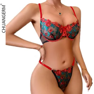 Chuangerm Spot Wholesale Women 2024 New Arrivals Contrasting Floral Embroidery See-Through Bra And Underwear Dessous Sets