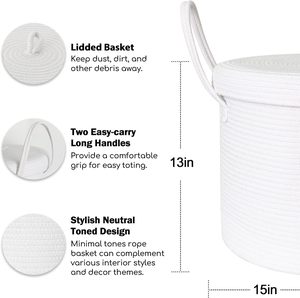 Large 15\" X 13\" Modern White <strong>Wicker</strong> <strong>Storage</strong> <strong>Basket</strong> Cotton Rope Lid Kids Decorative Toy Bin Box Cover for Baby <strong>Storage</strong> Fabric - Product Image 2