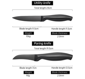 طقم مطبخ من الفولاذ المقاوم للصدأ الأسود مكون من خمس قطع، سكاكين احترافية للشيف من الفولاذ المقاوم للصدأ، سكاكين تقطيع وتقشير ومتعددة الاستخدامات بمقبض مجوف - Product Image 5