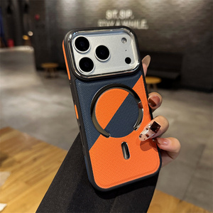Pure Colors Leather Magnetic Mobile phone case for iPhone 17 16 15 14 13 Pro Max Checkered Stripes Frosted <b>PC</b> Cortex back Cover - Product Image 5