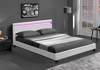 Lit plateforme double moderne et simple en similicuir blanc et noir avec LED intégrées dans la tête de lit