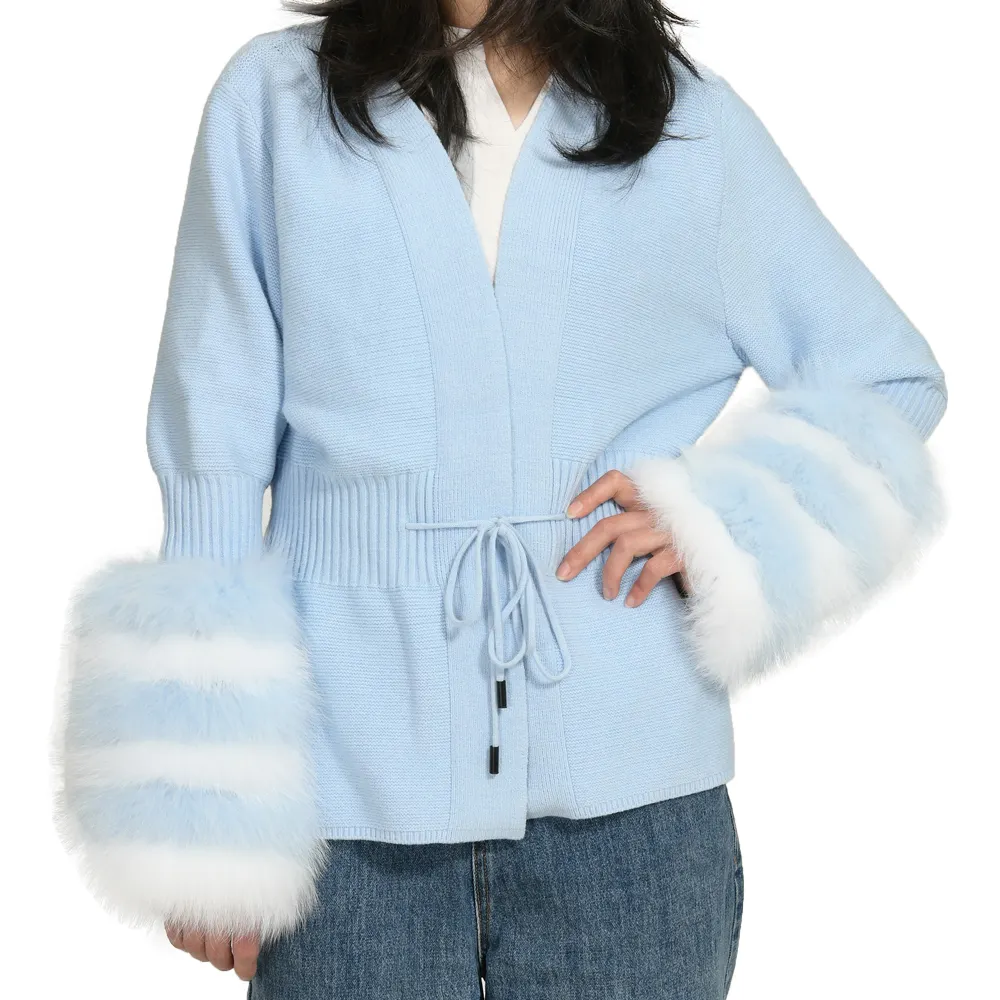 Wholesale Spring Ladies Cashmere Wool Custom Cardigans With Real Fox Fur Cuffs V-neck Drawstring Women Knitted Cardigan Sweater