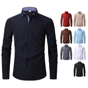 Chemises décontractées pour hommes, extensibles sur quatre côtés, manches longues, couleur unie, col carré, polyester, vente en gros - Product Image 3