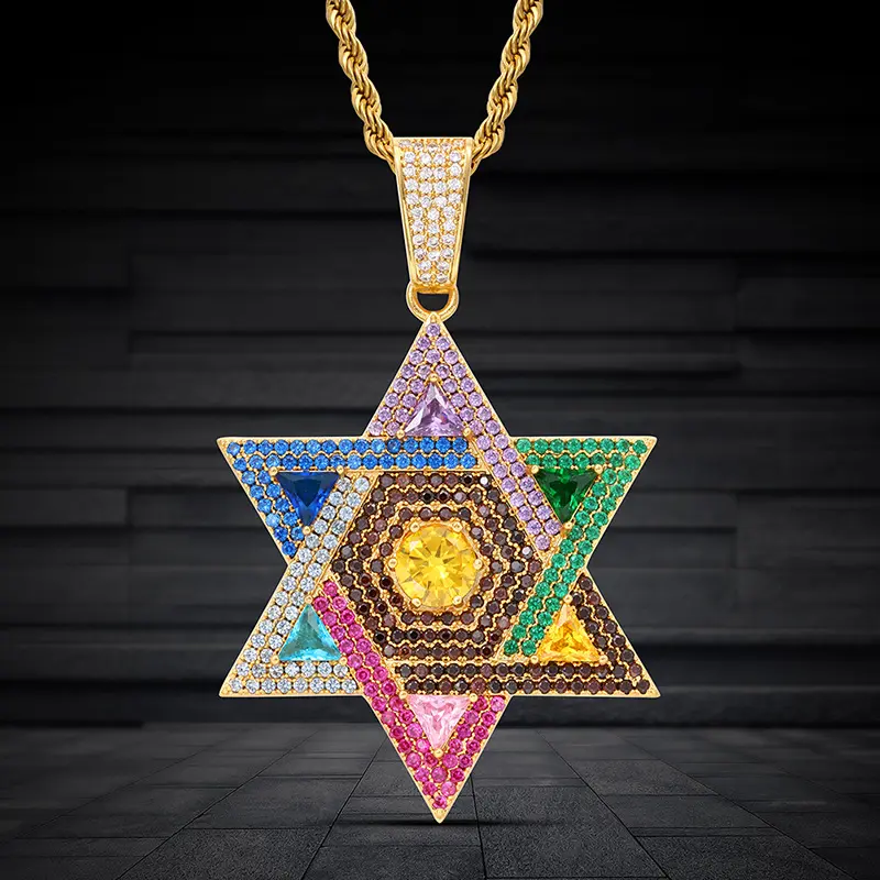 Mehrfarbig vereist Zirkon sechseckigen Stern Anhänger HipHop Kupfer Stern von David Charme Halskette jüdischen Schmuck.