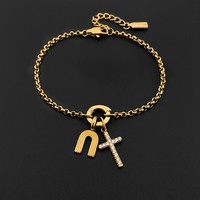 Bracelet en acier inoxydable plaqué or 14 carats pour femmes, chaîne à maillons en O, pendentif en cristal en forme de croix arc-en-ciel, bijoux Emanco