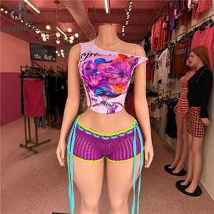 Jiubaju Nuovo Completo Estivo da Donna in Maglia Traforata con Top Corto Monospalla Slim e Shorts, Set Due Pezzi per la Spiaggia - Product Image 1
