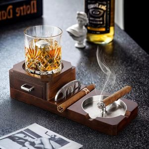Custom Metal Wooden Ashtray European Desktop Drawer Cigar Tray Multifunctional <b>Whiskey</b> <b>Glass</b> Holder Cigar Ashtray Accessories - Product Image 6