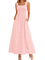 Robe longue d'été style bohème à taille empire, sans manches, col carré, avec corsage smocké et laçage frontal, coupe trapèze, pour la plage