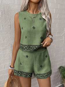 Conjunto de Dos Piezas de Moda para Mujer, Bordado, Verde, Informal, Corto, Tejido de Chifón, Método de Tejido Sólido, para Uso Diario - Product Image 5