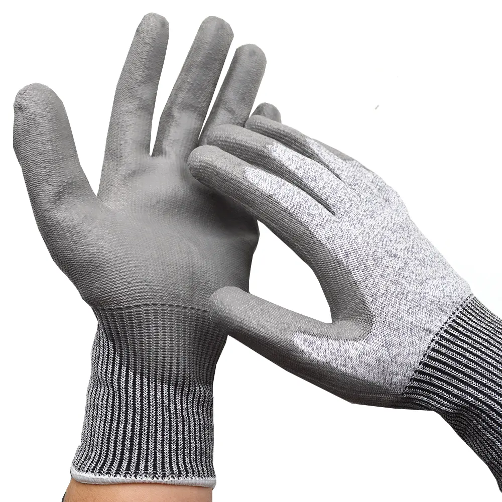 PU Coating Cut Resistant Gloves HPPE Knitted Level 5 Non Slip Safty Hand Gloves for Welders Construction Work Safeguard