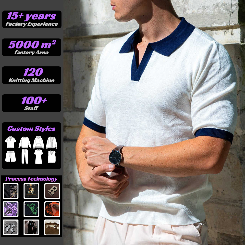 2026 Summer Old Money Men's Knit Polo Shirt V Lapel Elastic Jacquard Texture Slim Short Sleeve Knitting Sweater