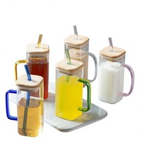 Mug à lait carré en verre borosilicate écologique avec paille et poignée transparente 400 ml, sans BPA, réutilisable, sûr pour les aliments, moderne, portable, pour les fêtes