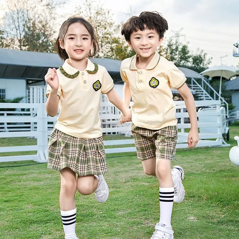 Kids Cute Yellow cotton fabrics summer kindergarten Primary Secondary School T Shirt Uniform designs pre school uniforms