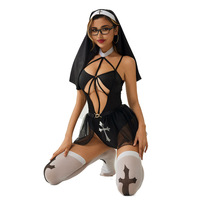 Halloween Sexy maille nonne Cosplay Lingerie tenue voir à travers la dentelle Teddy robe évider croix bas voile Costume fête