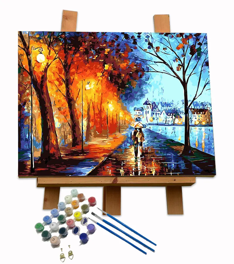 人気の風景ロマンチックな雨秋のストリートペインティング数字アクリル絵の具