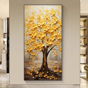 Cuadro Decorativo de Pared con Diseño de Árbol del Dinero, Pintura al Óleo sobre Lienzo, Marco Negro Rectangular, Estilo Chino Moderno, Decoración para Entrada o Puerta - Product Image 1