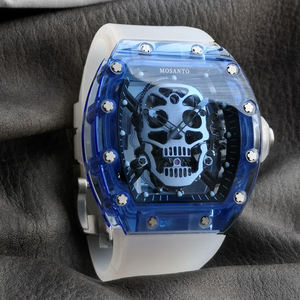 Reloj Mecánico de Esqueleto para Hombre - Caja Transparente Azul, Correa Blanca, Diseño de Tourbillon de Lujo, Reloj Deportivo - RM052 - Product Image 4
