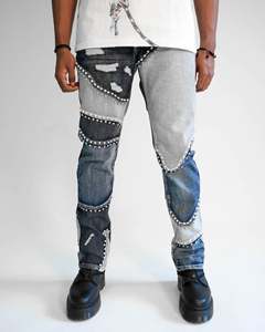 בגדי רחוב לגברים אופנתיים באיכות גבוהה, עיצוב טלאים עם אבני חן ופנינים בצבע אינדיגו בסגנון Y2K, עשויים כותנה דנים. - Product Image 5