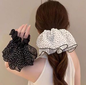 French Ruffle Mesh Polka Dot Large Scrunchies Double Layer Balletcore <b>Ribbon</b> Hair Ties for Women Ponytail Holder - Product Image 1