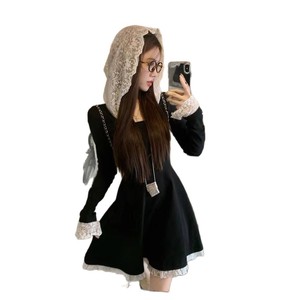 Lace Trimmed Color Blocked Hooded Long Sleeve Dress For Women Autumn Winter 2025 Elegant Fashionable Slim Fit Short Skirt Daily - Product Image 5