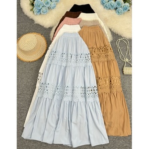 Faldas Largas Oversize para Mujer, de Cintura Alta <span class=keywords><strong>con</strong></span> Volantes de Encaje, Maxi Faldas de Verano <span class=keywords><strong>con</strong></span> Parches y Cintura Elástica, Estilo Casual - Product Image 1