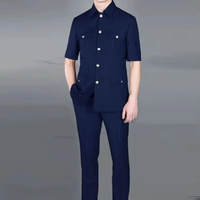 Costume Tailleur-Pantalon de Soirée à Manches Courtes Boutons Dorés Coupe Ajustée Col Fermé Bleu Marine Affaires pour Homme MS579
