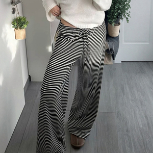 Striped Knit Wide Leg <b>Pants</b> Women Drawstring Waist Loose Fit Casual Lounge Trousers Soft Comfortable Long <b>Pants</b> - Product Image 5