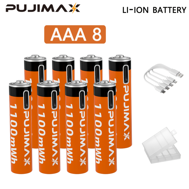 PUJIMAX AAA 1100mWh 8pcs/box Rechargeable Battery in Stock Portable USB-C Direct Charging AAA Battery for Household Electronics