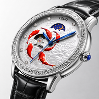 Jam Tangan Pria Mewah Fashion Otomatis Mekanik Skeleton Embossed Koi Carp dengan Penunjuk Fase Bulan, Tahan Air, dan Bercahaya