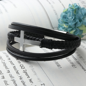 yunnique Cross Leather Bracelet Black Titanium Steel Unisex Jewelry Gift - Product Image 4