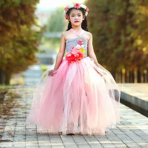 Factory Wholesale Fancy Kids very long Frocks Gown Clothes Nylon Tulle Flower Partywear Teen Girl Dress