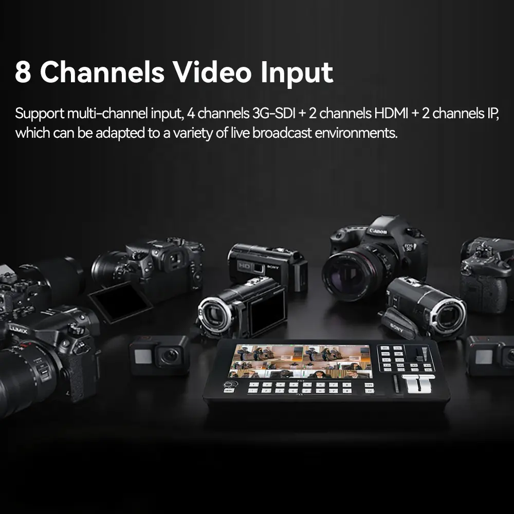 8チャンネルシームレスビデオスイッチャーストリーミング、ライブストリームhdmi SDI RTMPマルチネットワークブロードキャストカメラビデオミキサースイッチャー