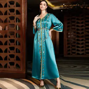 高品质长阿拉伯迪拜伊斯兰阿巴亚卡夫坦斯女性穆斯林礼服v领，狭缝长袍，中东宴会礼服