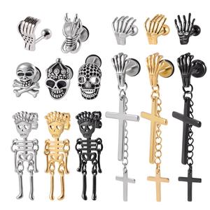 Boucles d'oreilles vintage punk en or, clous d'oreille, crâne, griffe de démon, squelette, pour hommes, femmes, unisexe, tendance, en acier inoxydable, cadeau de fête, bijoux - Product Image 1