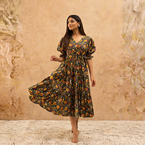 Vestido Midi con Estampado Floral, Cuello en V, Mangas Abullonadas, Estilo Boho, Corte en A, Holgado, Tejido de Viscosa, Vestido Casual de Primavera, Transpirable y Cómodo - Product Image 1