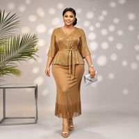 Ensemble deux pièces modeste grande taille, haut en dentelle métallique dorée, jupe midi noire à franges, col en V, robe de soirée pour femmes musulmanes