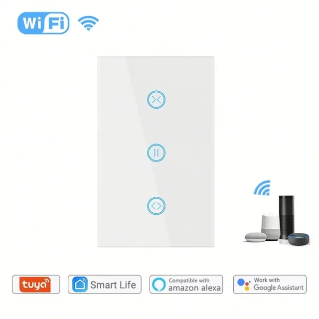 Smart Home WiFi 10A Curtain Switch | Smart Life App Control Touch Panel | US Standard | Glass PC Material | 1800W | 0.5W Standby