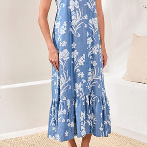 High-quality design, <b>loose</b>-<b>fitting</b> Hawaiian print ruffled denim flowy long <b>dress</b> custom rayon denim summer <b>dress</b> - Product Image 4