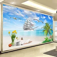 Papier peint mural 3D personnalisé avec photo de plage, peinture murale, papier peint autocollant pour salon, bateau à voile, cocotier, paysage marin