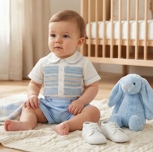 Pelele corto azul de alta calidad para bebé, con smock hecho a mano, manga corta, estilo clásico, ropa de verano para bebé OEM - Product Image 1